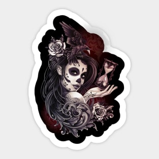 Sugar Skull day of the dead Girl with Crow Roses Sticker